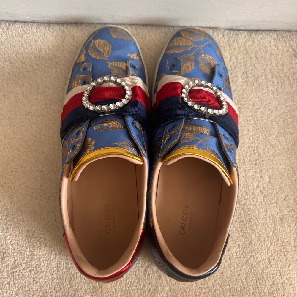GUCCI Ace Sneakers Crystal Sylvie Blue Lace Size 9.5 | IT 39.5